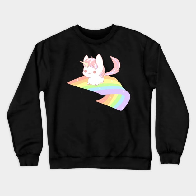 Cute pink fluffy unicorn on a pastel rainbow Crewneck Sweatshirt by Con98